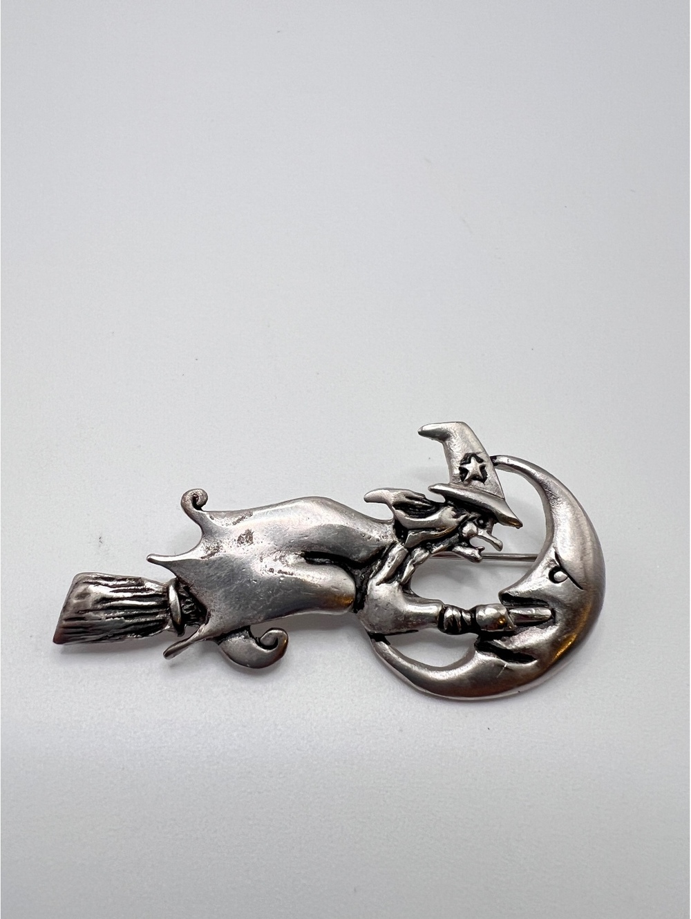 Vintage JJ Jonette Witch on Broom Crescent Moon Pewter Brooch Halloween